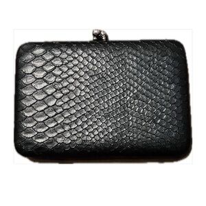 Snake Embossed Clutch Silver Metallic Interior Kiss Lock CC Slots Zip Pocket